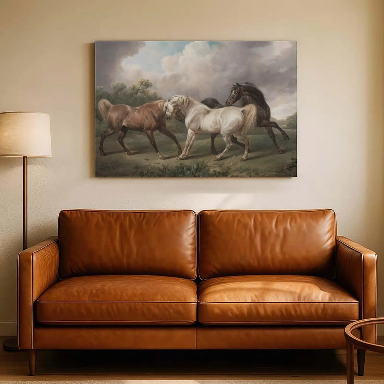 Vintage Three Horses Landscape Oil Painting Canvas Poster, Classic Equestrian Countryside Wall Art Print, Rustic Farmhouse Animal Artwork, Antique Style Home Decor for Living Room Bedroom Office, Ready to Hang Gift for Horse Lovers & Art Collectors