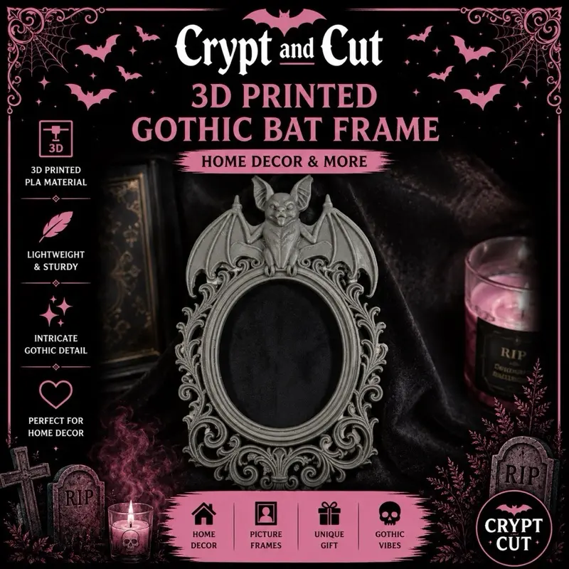3D Printed Gothic Bat Picture Frame | Spooky Halloween Decor | Vampire Style Oval Frame | Gothic Home Accent