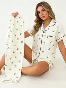 Daily Wear 3 Piece Cream Bow Pajama Set for Women, Pjs, Short Sleeve, Shorts & Long Pants, All Year Round Wearable, Bow & Dot Print, Button Down Collared Top, Delicate Cozy Loungewear