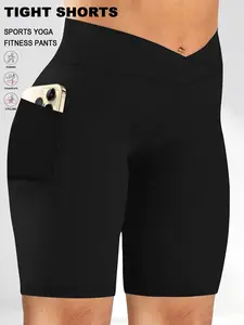 Women's Plus Size Cross Waist Skinny Workout Shorts, High Elasticity Five-Quarter Pants, Pocket Design, Solid Color Tight Fit, Soft Comfort Fabric