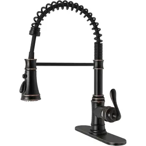 BWE Solid Brass Kitchen Faucet 1 or 3 Hole, Oil Rubbed Bronze Kitchen Sink Faucet with Pull Down Sprayer, Single Handle High Arc Faucet with 3 Mode Spray for RV Farmhouse Bar Kitchen