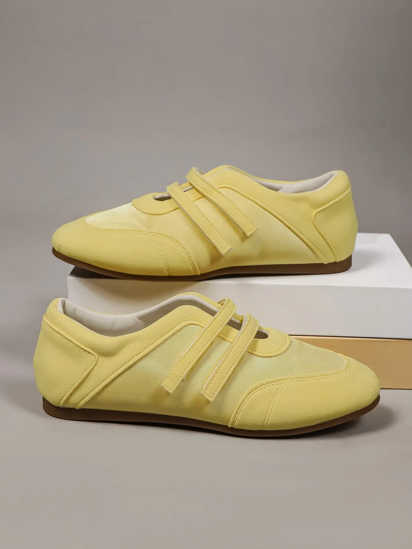 Women's Satin Ballet Flats, Yellow, Flat Round Toe, Velcro Design Retro Casual Commuter Walking Shoes, Office Commuting Shoes, Soft Comfortable Textile Upper, Rubber Sole, All Seasons, Vintage Style Shoes, Summer Flats, Elegant Commuter Shoes