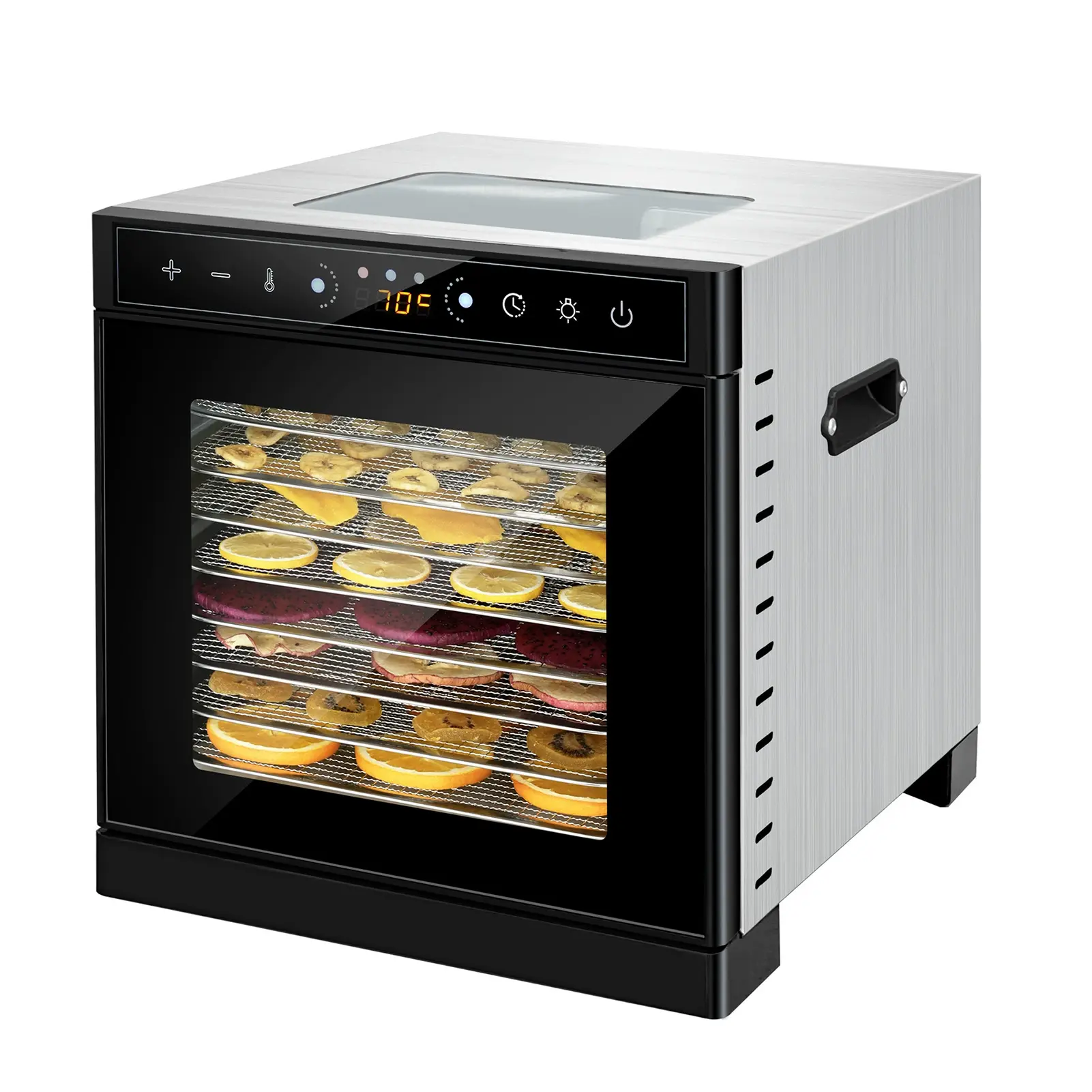 Stainless Steel Tray Food Dehydrator with Viewing Window, 8 Trays, Built-in Light, Adjustable Timer, 30℃-90℃ Adjustable Temperature Control for Beef Jerky, Fruits, Pet Snacks
