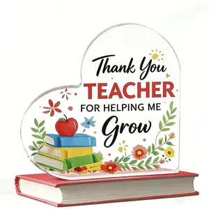 Teacher's Day Thank-You Gift  Transparent Acrylic Heart-Shaped Plaque Exquisite Compact Waterproof Decorative Sign for Office Classroom Desk Bookshelf Living Room