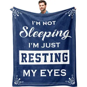 "I'm Not Sleeping I'm Just Resting My Eyes" Flannel Blanket, Funny Sarcastic Quote Plush Throw Blanket, Navy Blue Humorous Print Decorative Blanket for Bedroom Couch, Dad Joke Giftable Cozy Blanket