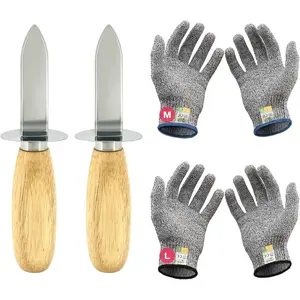 Oyster Shucking Knife Set of 2 Stainless Steel Oyster Knifes and 2 Pairs Level 5 Cut-Resistant Gloves,Oyster Knives Suitable for All Kinds of Shells and Oysters Shucking