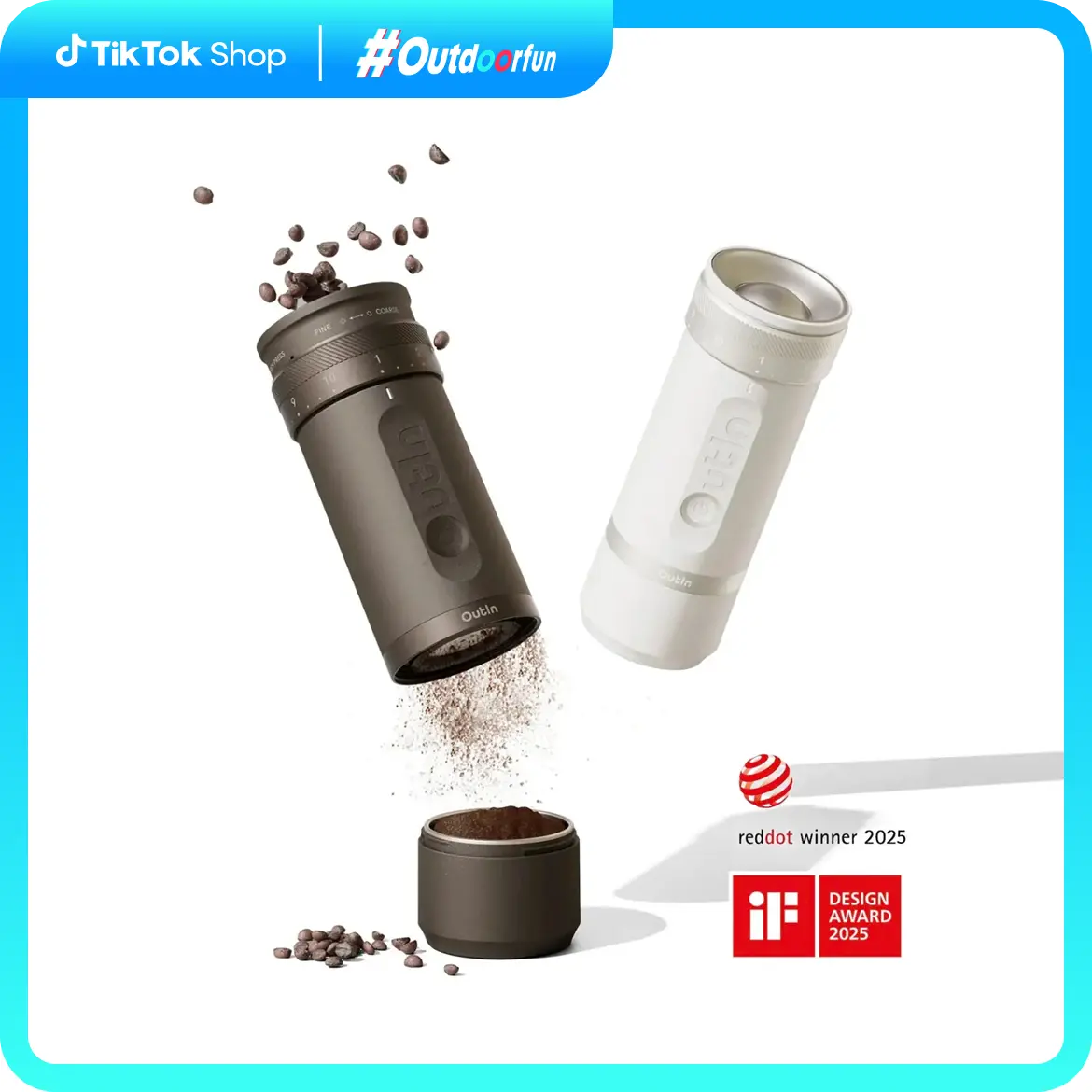 OutIn Fino Portable Electric Coffee Grinder, Adjustable with 28 Precise Grind Setting, One-Click, USB-C Fast‑Charge, Auto‑Stop, Clog‑Protection, Outdoorfun
