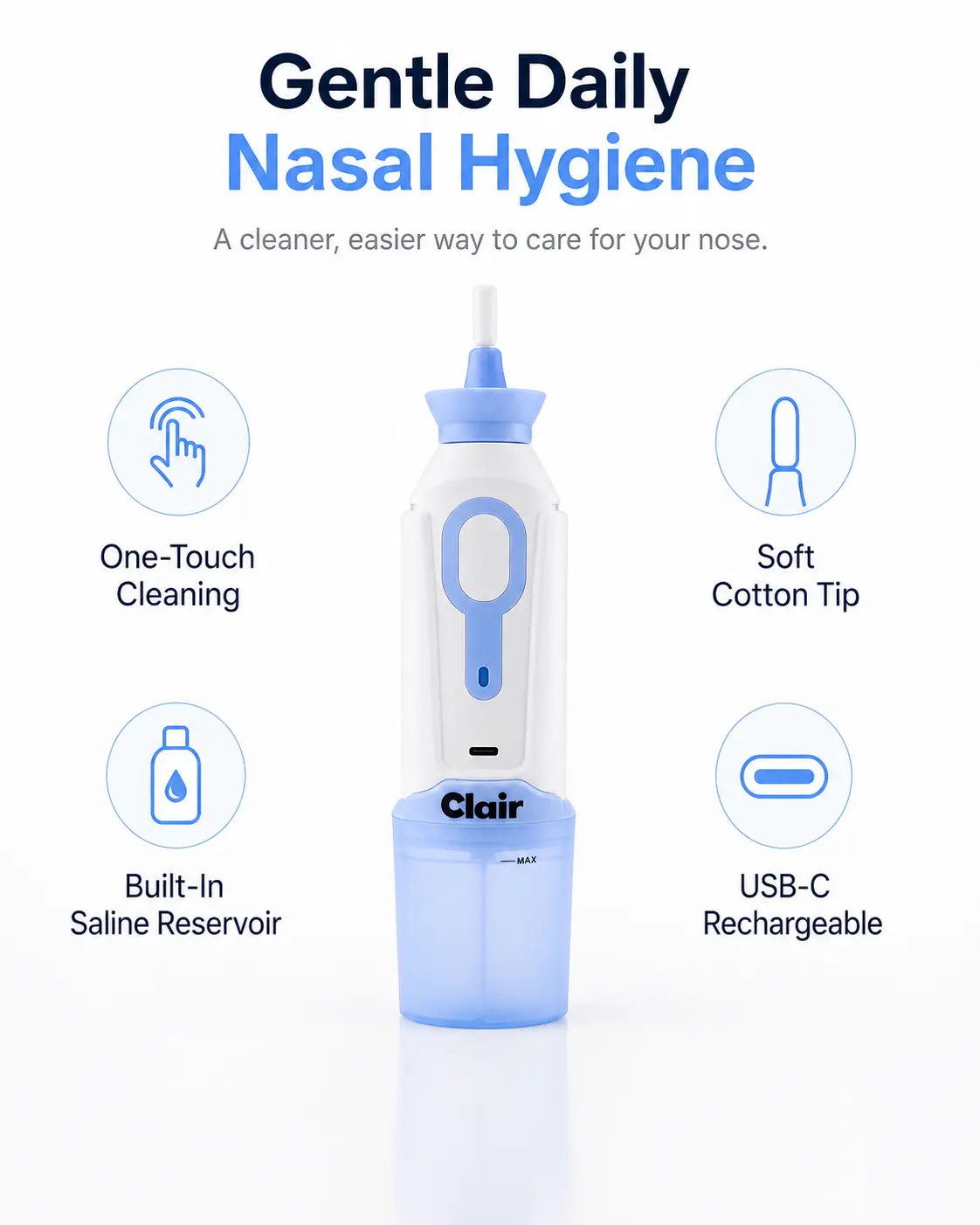 Clair Nasal Cleaning Device – Gentle Nasal Rinse System | Saline Nasal Care Cleaner | Easy & Comfortable Nose Cleaning Tool Hygiene Saline Solution