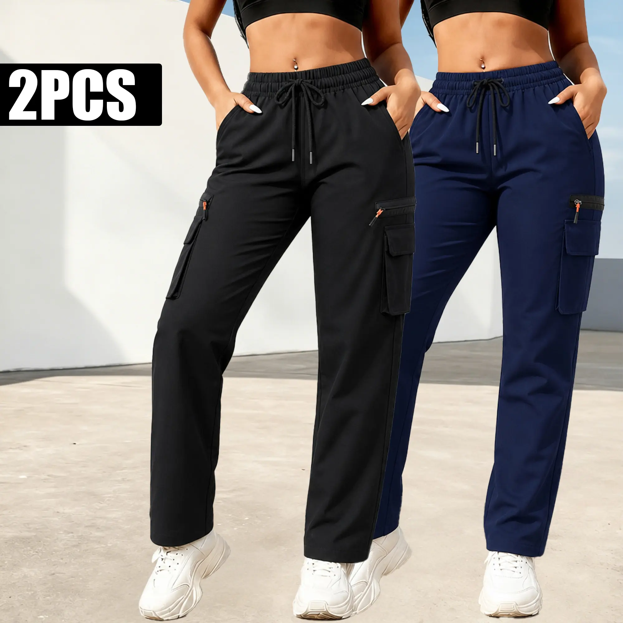 Great value 2-pack cargo pants! Women’s high-waisted cargo pants, straight cut that conceals curves and looks slimming, suitable for both sporty and casual wear. Womenswear Bottom Trouser Athletic Activewear