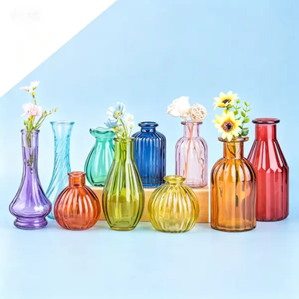 Set of 10 Mini Bud Vases for Small Flowers, Glass Colored Bottles Bulk, Vintage Décor for Wedding Centerpieces, Home Garden Accents, Colorful Mexican Style Vases