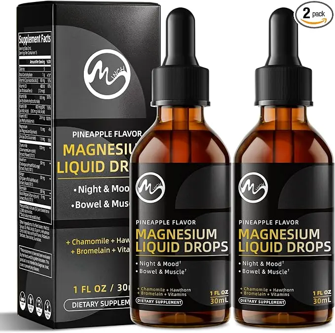 M inch Magnesium Glycinate Liquid, High Absorption Magnesium Liquid Drops with Chamomile, Hawthorn, Ginger Extract & Vitamin B6, B9, B12, C, D3, Magnesium Supplement, Pineapple Flavor, 2 Pack