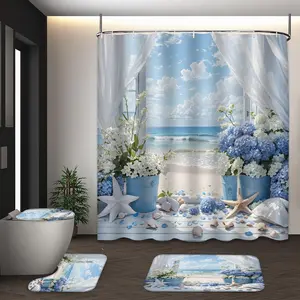 LVRLVR 4Pcs Window Sea View Blue Hydrangea Starfish Shell Print Fresh Coastal Multi-Color Shower Curtain Set 70.8×70.8 Inch