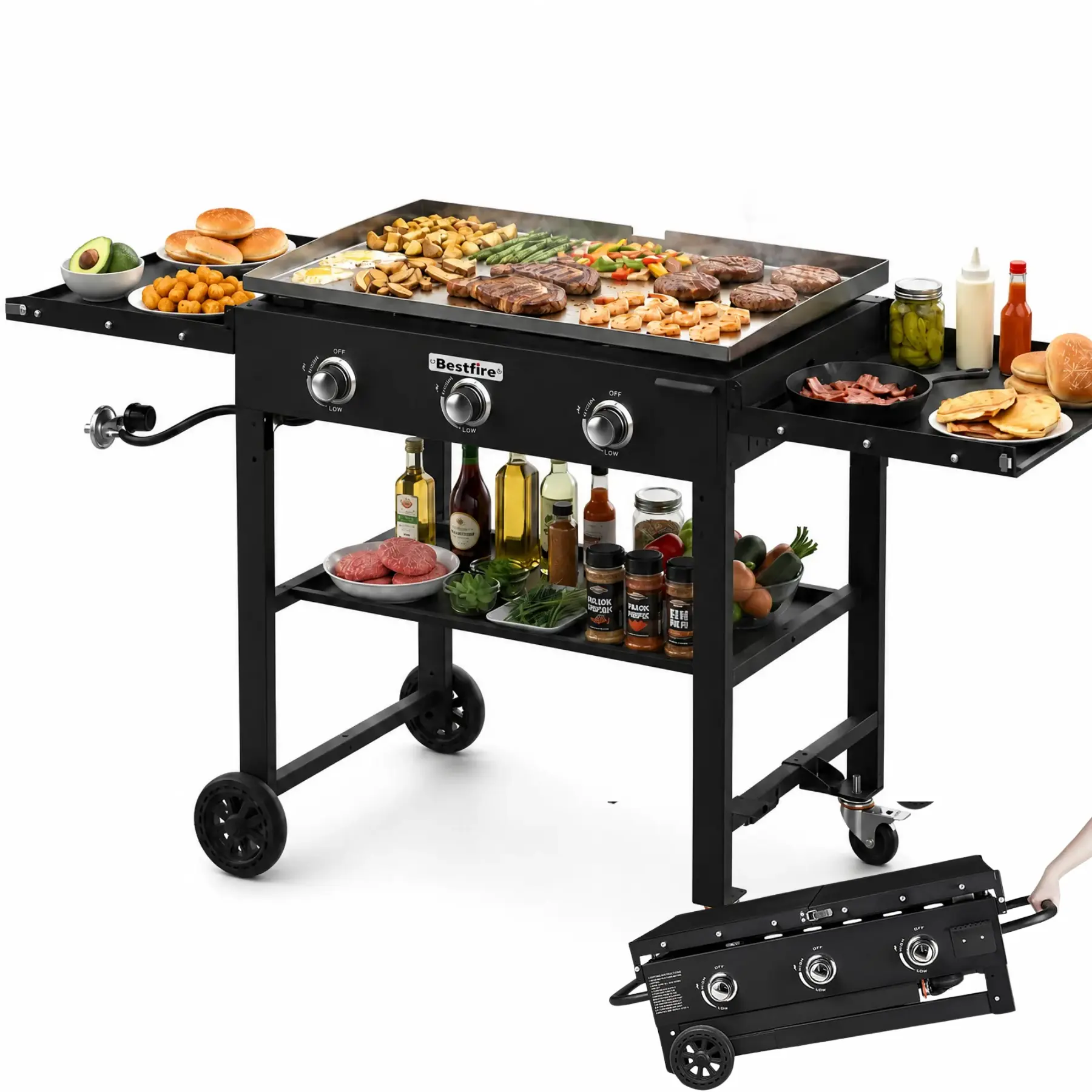 BESTFIRE 45K BTU Outdoor Flat Top Grill – 35" 3-Burner Propane Griddle with Foldable , Heat Resistant Stainless Steel, Enameled Cast Iron Grate for Camping cooking barbecue gas psi regulator side shelf picnic cooker backyard bbq