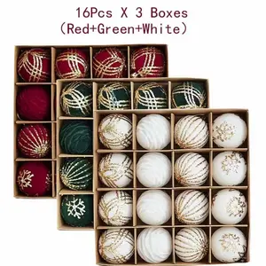 Classic Christmas Velvet Ornaments 48pcs Tree Decor Set in Red Green White 16Pcs X 3 Boxes Festive Holiday Decorations