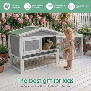 GAOMON Grey Large Outdoor Rabbit Hutch, Weatherproof 2-Story Bunny Cage with Removable Wire Netting, Wooden Indoor Outdoor Pet House with No-Leak Tray, Waterproof Roof & Pull-Out Tray