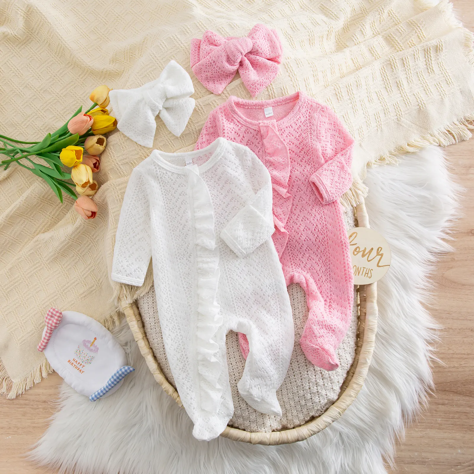Infant Baby Girl Fall Outfit Romper Footies Solid Color Frills Ruffle Trim Jumpsuit Bodysuit Newborn Winter Clothes