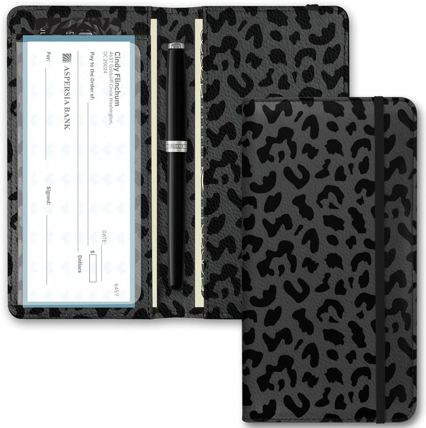 Checkbook Cover for Men Women, Premium Leather Checkbook Holder with RFID Blocking and Built in Clear Plastic Divider for Personal and Business Checks (Leopard-Black)