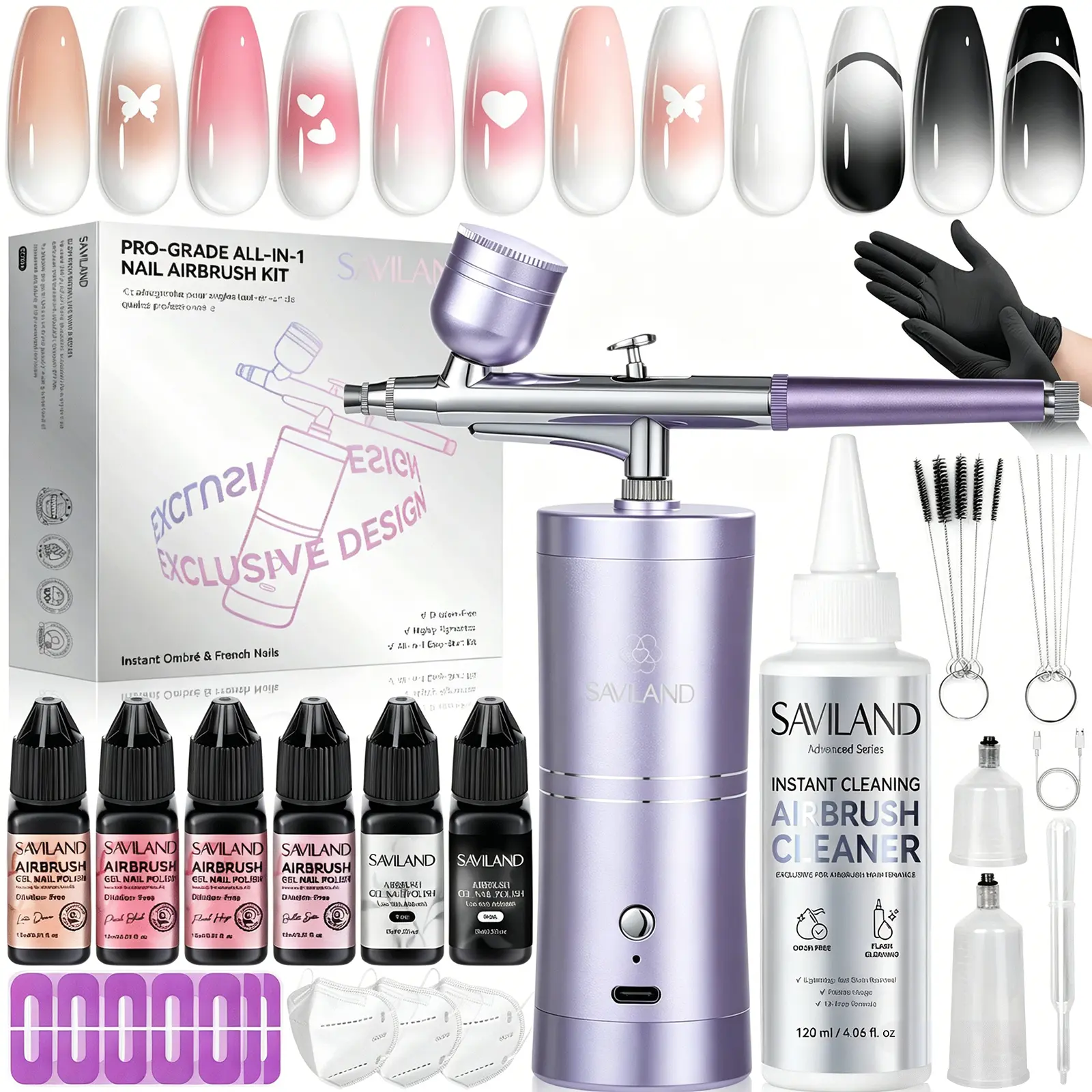 SAVILAND 7-in-1 Airbrush Nail Set: 6 Pink Gel Colors with Airbrush Machine, Cleaner, Stencils & Protection Tools, Complete Kit for Quick and Easy Nail Art