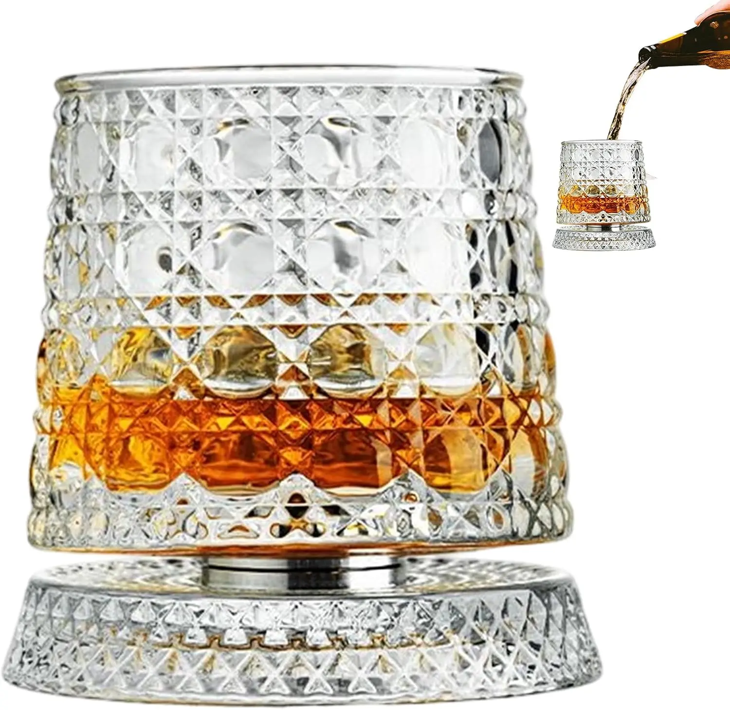 360 Degree Spinnings Whiskey Glass, Rotating Crystal Tumbler with Stress Relief Base, Premium Lead-Free Glassware for Bourbon & Cocktails, Gift for Men, Husband, Dad (Father's Day, Birthday)