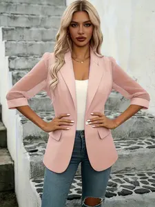 A pink short-sleeve Fitted blazer for women with transparent sleeves, belonging to a casual fashion style. It is elegantly mature yet soft and feminine, suitable for everyday casual outings and light office commutes.