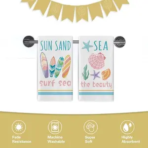 2-Pack Coastal Kitchen Towels Set, Surfboard Shell Starfish Kelp Design, Ocean Beauty Hand Towel, Baking Cooking Cloth, Summer Home Decor