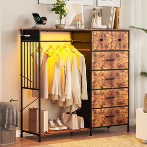 Garvee Multi-Functional Dresser with Hanging Rack, 6 Drawers, LED Lights, and Charging Station - Fabric Storage Organizer for Bedroom, Living Room, and More