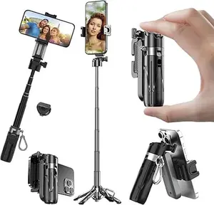 Phone Tripod, Portable Selfie Stick, Pocket Size Selfie Stick for iPhone, Tripod for Phone with Detachable Remote Control for Photograph, Live Streaming, Video Recording