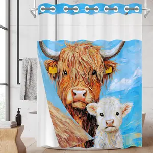 1PC Double Layer No Hooks Shower Curtain, Highland Cow & Calf Oil Painting Print, Rustic Farmhouse Bathroom Decor, Detachable Buckle Liner for Home Hotel, 71×74 Inch