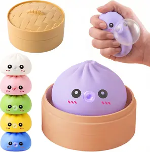Dumpling Squishy Toy with Bubble Blowing Feature, Squishy Dumpling Stress Relief Toy, Cute Bao Bun Squeeze Toy with Steamer Box, Soft Sensory Fidget Desk Toy Gift (1, Purple)