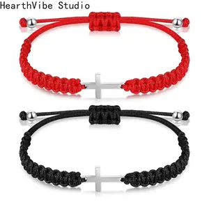 HearthVibe Studio Beaded Braided Bracelet - Unisex Red Cord Couple's Wristband Pair Set with Silver Cross Motif, Friendship Bracelet for Sports & Outdoor Use, Friendship Bracelets,summervibes