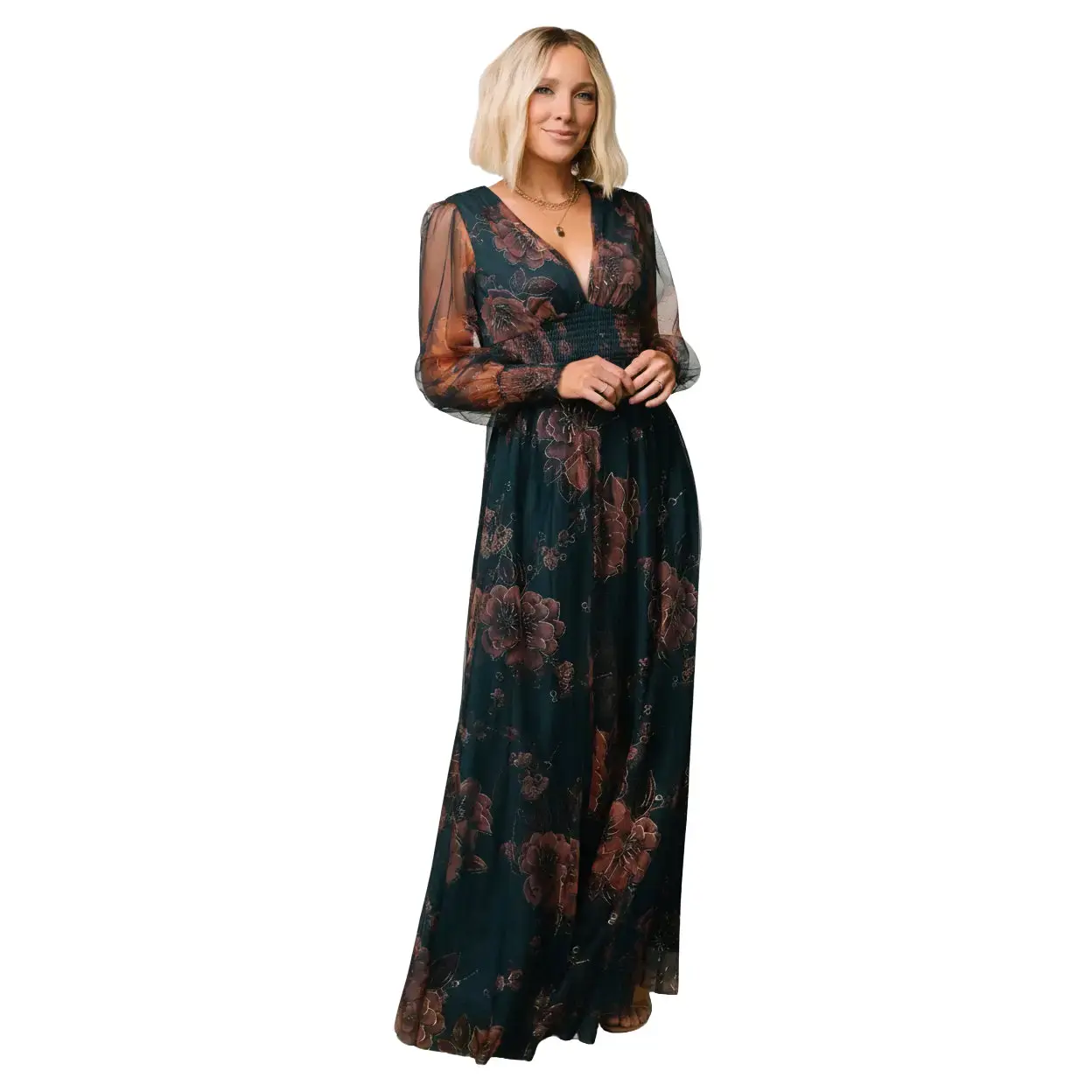 Women's Sheer Polyester Smocked V-Neck Layla Tulle Maxi Maternity Gown - Copper-Blue Metallic, Pregnancy-Friendly Floral Design, Evening Casual Dress