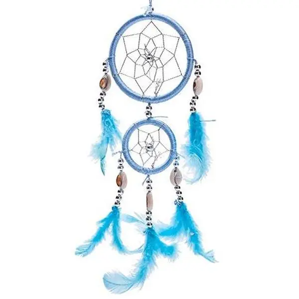 Thy Home 12-in Handmade Native American Traditional 2-Circle Fabric Dream Catcher - Feather Design, Bead, Mirror Details, Dorm Room Decor, Hanging Ornaments, Sleep Aid, Room Inspiration, Spiritual Gift, Two Circles