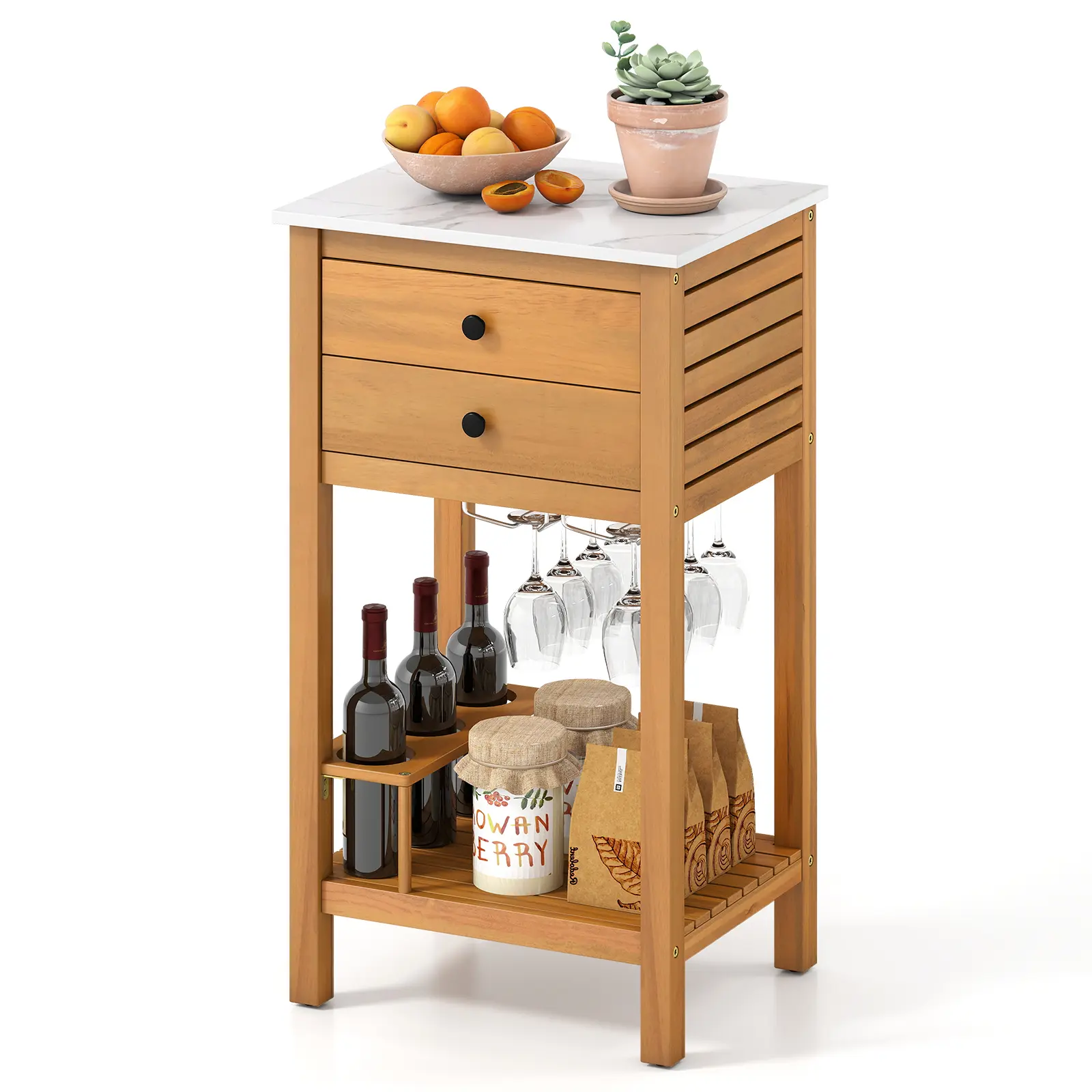 COSTWAY - Patio Acacia Wood Storage Cabinet Patio Buffet Cabinet Bar Table with Faux Marble Countertop