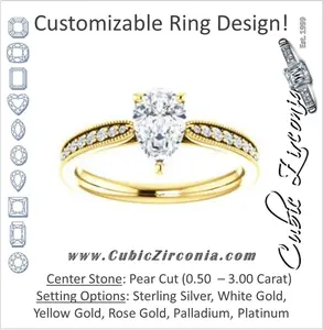 Cubic Zirconia Engagement Ring- The Brooklynn (Customizable Pear Cut with Cathedral Setting and Milgrained Pavé Band)