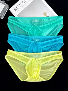 3pcs Men's Sexy Triangle Underwear Brief Short, High Cut Low Waist, Ultra-Thin Ice Silk, Embossed Pattern, Sporty Seamless Design, Large Pouch Bag