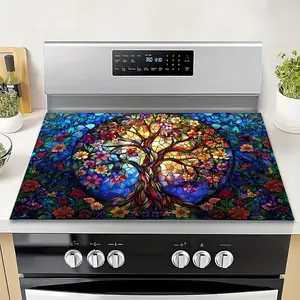 Painted Glass Life Tree Pattern Rubber Stove Protector, Heat Resistant, Non-Slip, Water Absorbent, Easy Clean, Oven Pad, Refrigerator Pad, Home