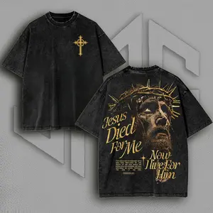 Jesus Died For Me Crown of Thorns Graphic T Shirt Vintage Washed Christian God Faith Apparel Retro Easter Religious Streetwear Heavyweight Cotton Oversized Loose Casual Short Sleeve Daily Wear Tops For Believers