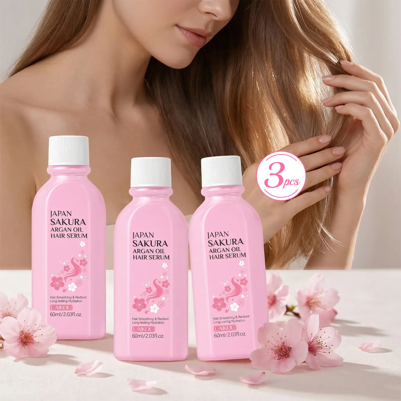LAIKOU Sakura Argan Oil Hair Serum, 60 ml × 3 — deep conditioning hair repair oil for heat-damaged hair, non-greasy cherry blossom hair serum for glossy, smooth, frizzy hair, 3-piece value pack