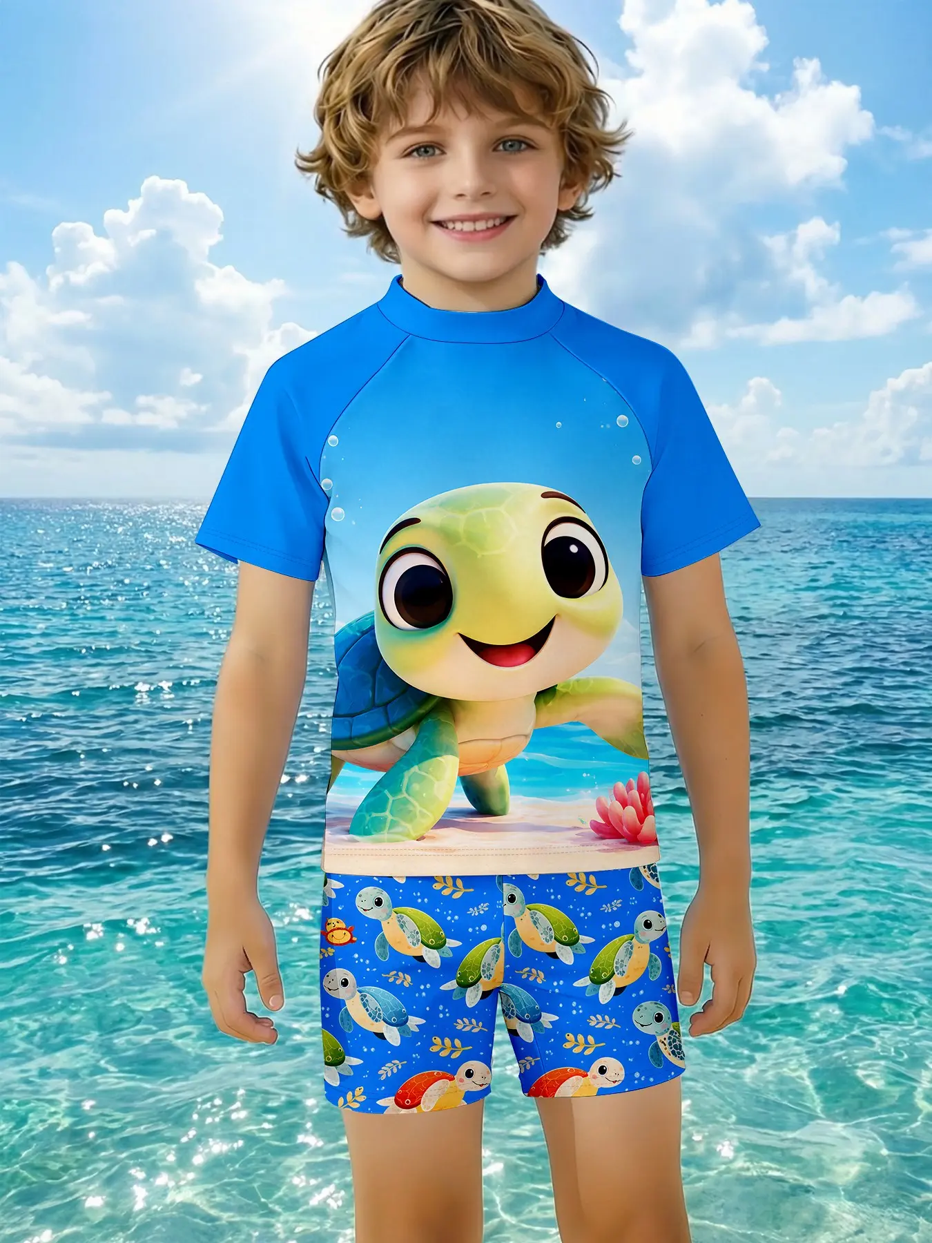 3D Cute Turtle Two-Piece Swimsuit, Swim Set, Boys' Quick-Dry Summer Swimwear, Fitted Casual Bathing Suit, Swimwear Shorts, Swimsuits with Shorts, Quick Drying Swimsuit, Birthday Gift Recommendation!