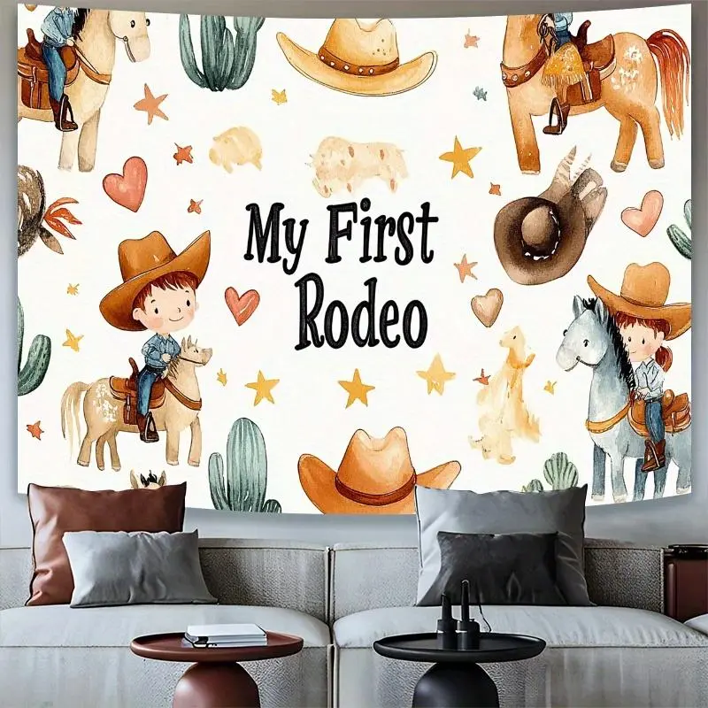 1pc Hangable Western Theme Cowboy Hanging Decor Party Banner - "My First Rodeo" Ornament with Cowboy,Cowgirl Cutouts,Cacti,Star Accents - Durable Polyester White - No Power Needed - Ideal for Birthdays,Outdoor Celebrations, Decoration, One-Piece