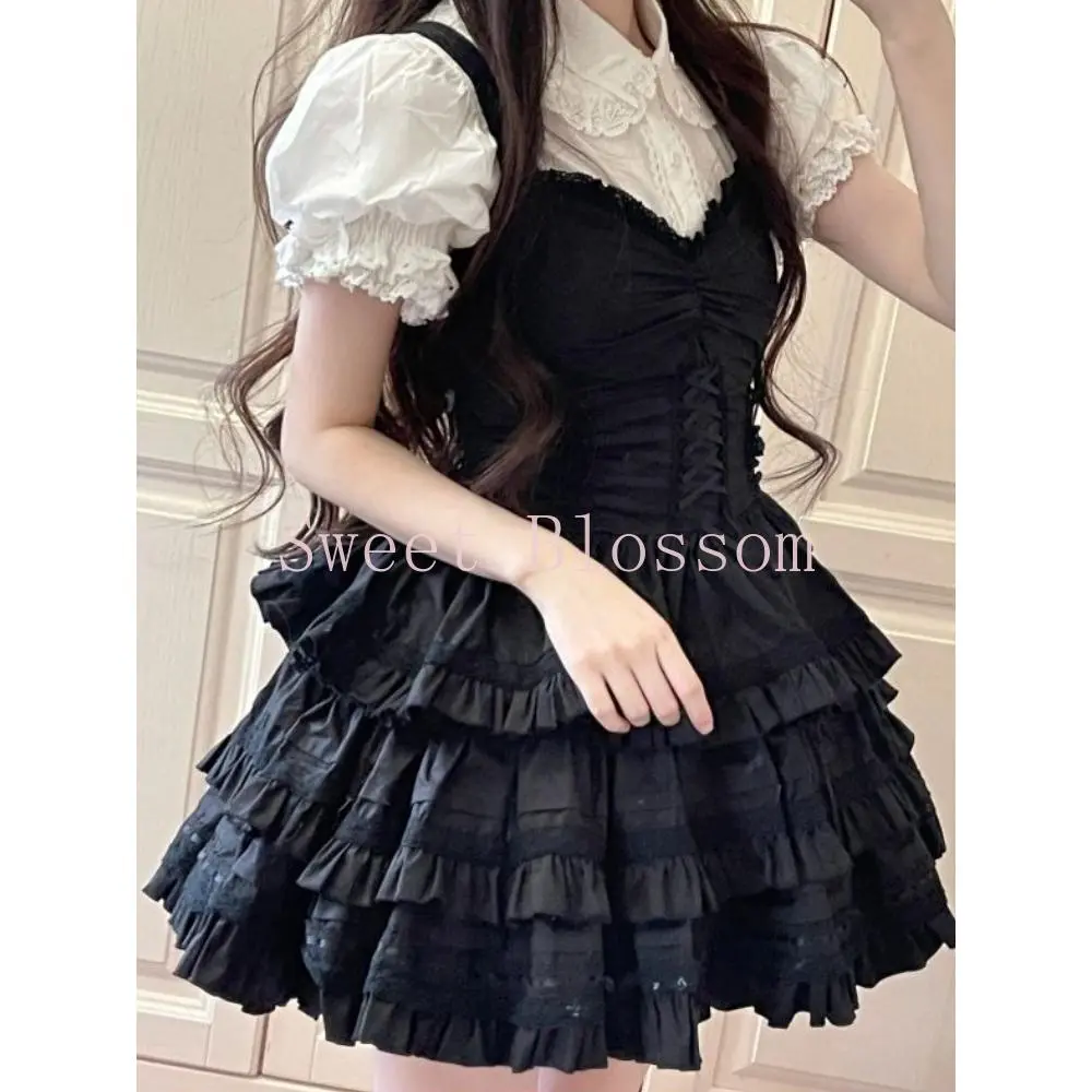 Summer Sweet Princess Lolita Elegant Dress Women Bubble Sleeve Patchwork Retro Fluffy Dress New Fashion Slim Vintage Outfit 2025