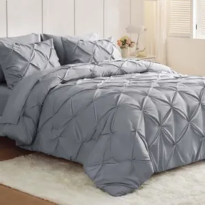 Full Size Comforter Sets 7 count - Bed in a Bag Full for All Season, Pintuck Bedding Comforter Sets with Comforter, Flat Sheet, Fitted Sheet and Pillowcases & Shams, Light Grey