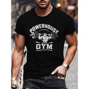 POWERHOUSE GYM Men'S Gym Graphic T-Shirt - Bold Weightlifting & Powerlifting Design with Barbell Print, Breathable Texture Fabric, Regular Fit Workout Tee for Gym & Casual Wear, All-Season Comfort, Machine Washable Athletic Shirt for Wei