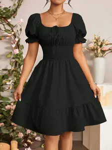 Summer Casual Solid Color Puff Sleeve Fitted Waist Dress - Flattering Day Dress
