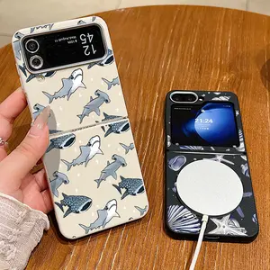 Shell Cartoon Shark Magnetic Phone Case For Samsung Galaxy Z Flip 6 5 4 3 5G Leather TPU Soft Folding Cover For Samsung Z Flip4