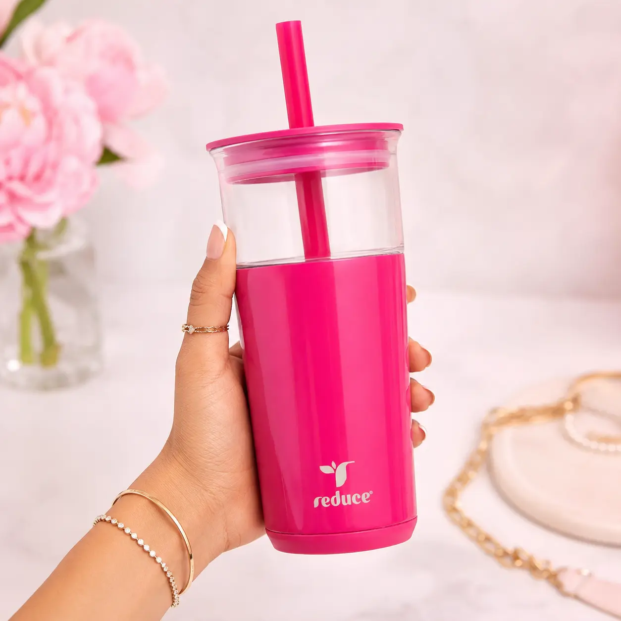 REDUCE Aspen 20 Oz Vacuum-Sealed Glass Tumbler Bottle - Lid, Extra Wide Straw, Soft Base, Dishwasher Safe - Keeps Beverages Cold for 12 Hrs - Ideal for Iced Coffee, Boba - Dragonfruit Vacuum Flask, Vacuum-Sealed Vacuum Flasks