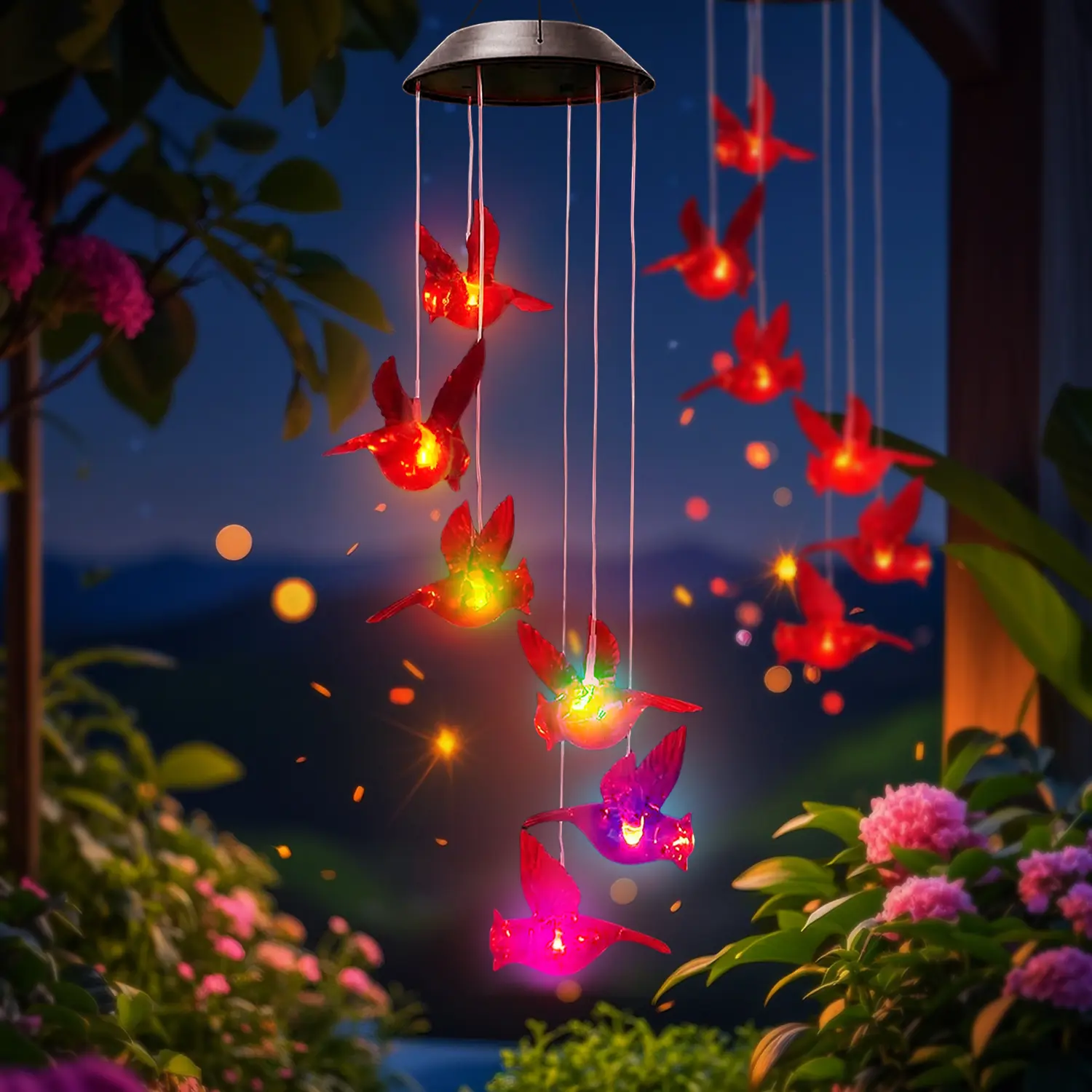 Eco-Friendly Solar-Powered Wind Chime with 6 LED Crystal Hummingbird Decor, Auto Light Sensor, 600mAh Battery, Weatherproof Bohemian Outdoor Hanging Ornament, Low Maintenance Entryway Light for Garden Patio, Color-Changing Holiday Gift, Led Lights, Water