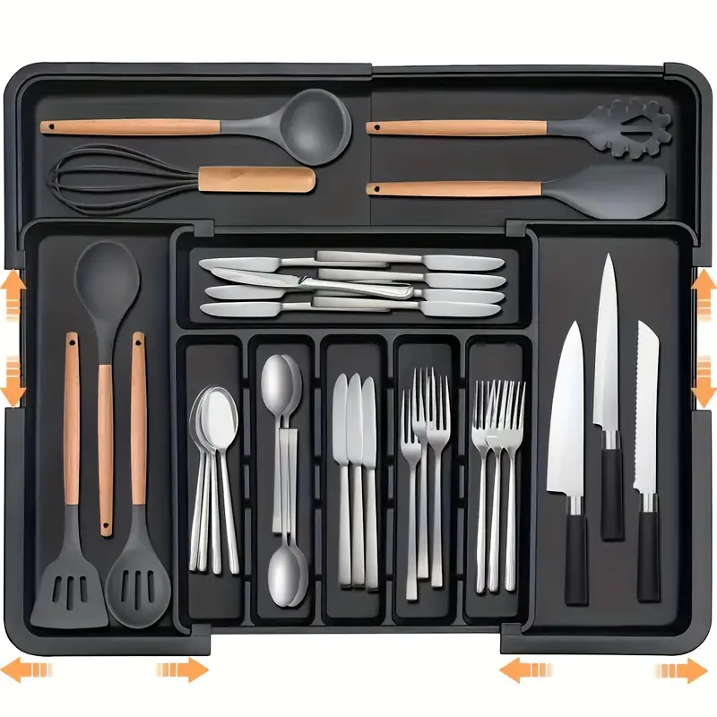 Kitchen Drawer Utensil Organizer, Expandable Cooking Utensil Tray, Black Expandable Kitchen Utensil Drawer Storage Box with 9 Compartments, Divided Storage, Compartmentalized Organizers, Utensil Storage Tray