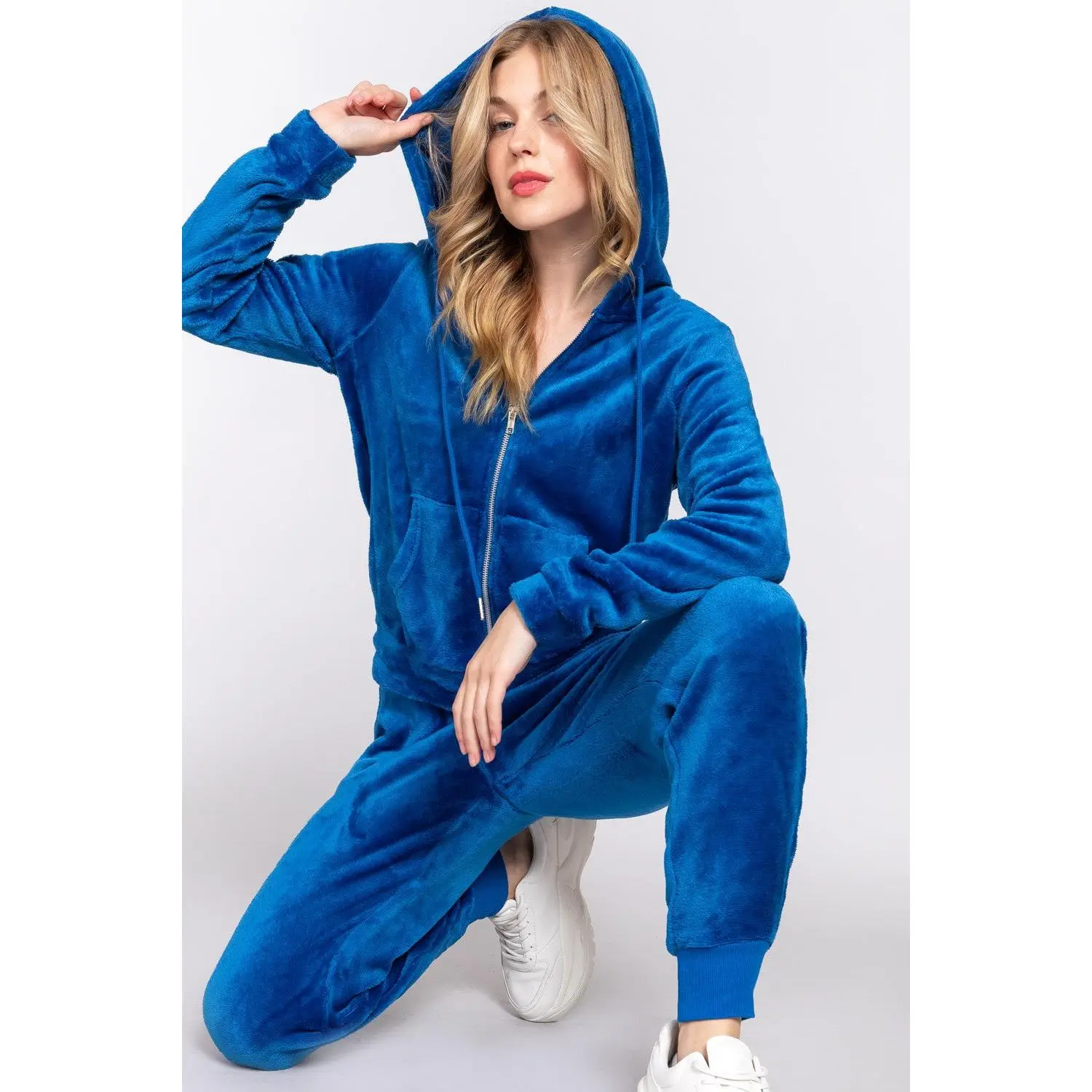 ACTIVE BASIC Faux Fur Zip Up Long Sleeve Hoodie and Joggers Set