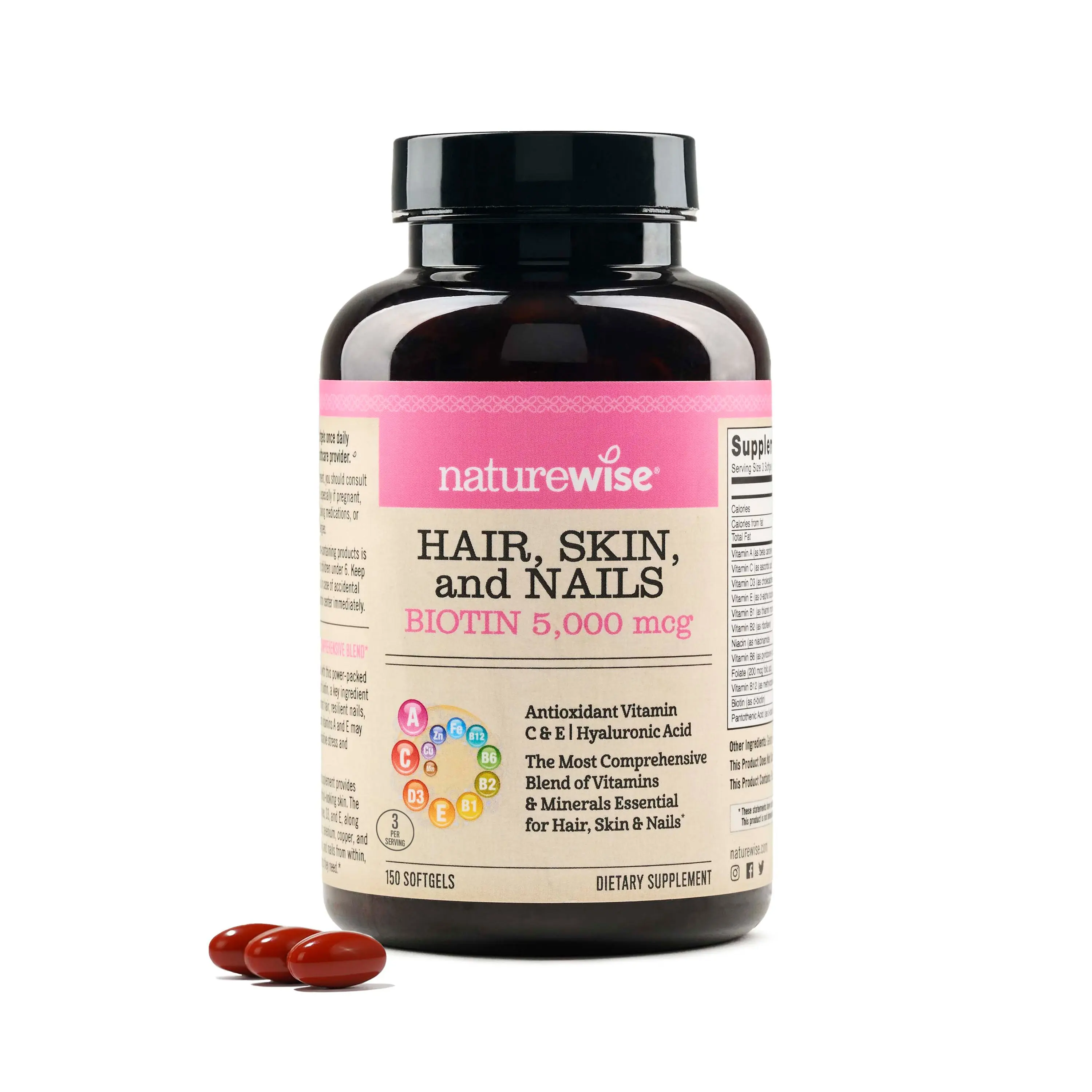 NatureWise Hair Skin and Nails Vitamin, Biotin 5000mcg w/Hyaluronic Acid, Collagen for Women with C, B Complex, D3, A, E, Iron - Non-GMO, Gluten Free - USA Manufactured